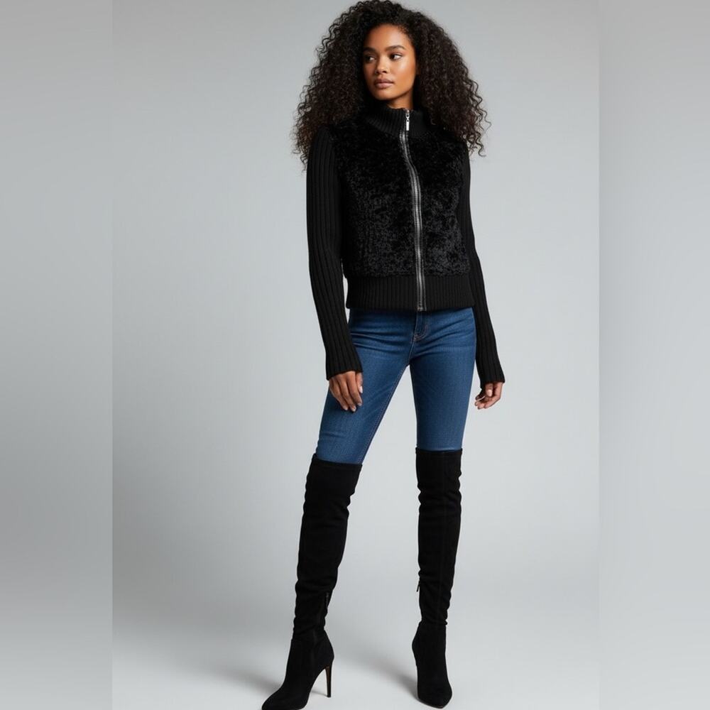 🖤EXPRESS Black Faux Fur Front Sweater Jacket Ribbed Knit Sleeves Zip Up Mock Ne